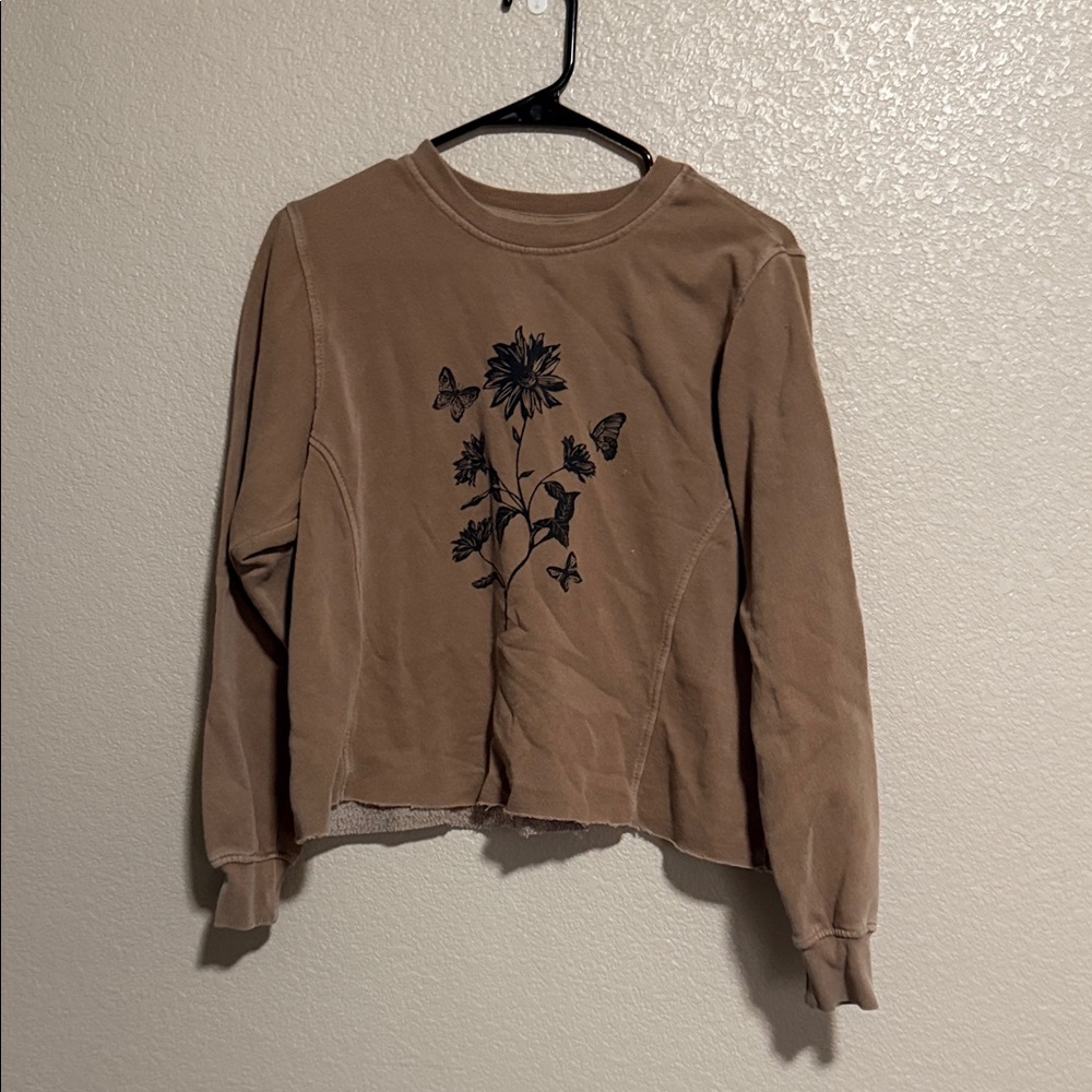 dip Brown Long-Sleeve Sweatshirt with Black Floral Butterfly Print